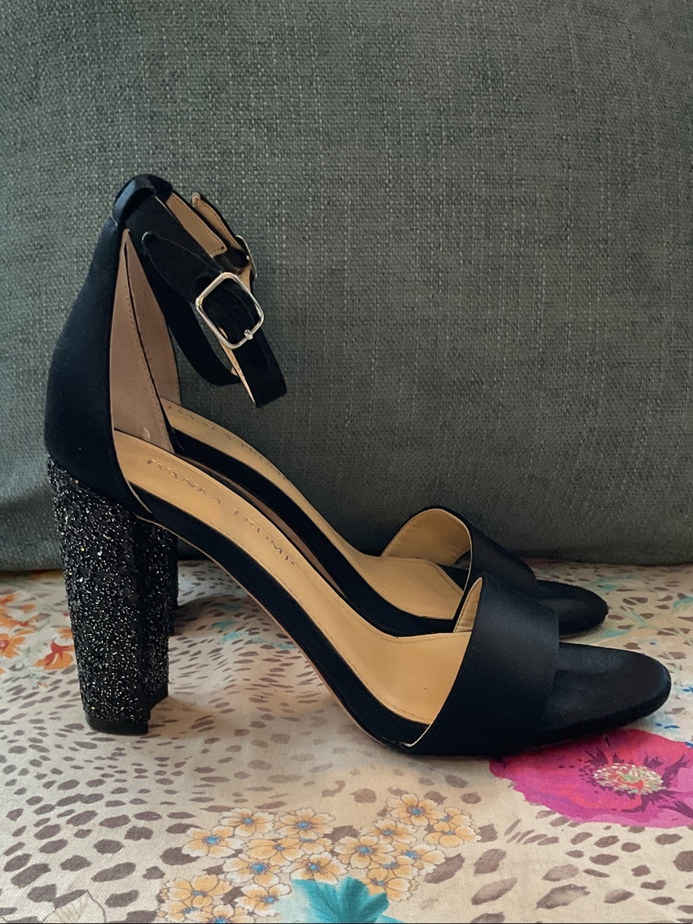 Ivanka Trump Black Ankle-Strap Heels with Glitter Block Heel